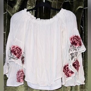Floral Embroidered White Blouse - BOHO - gauze -XS